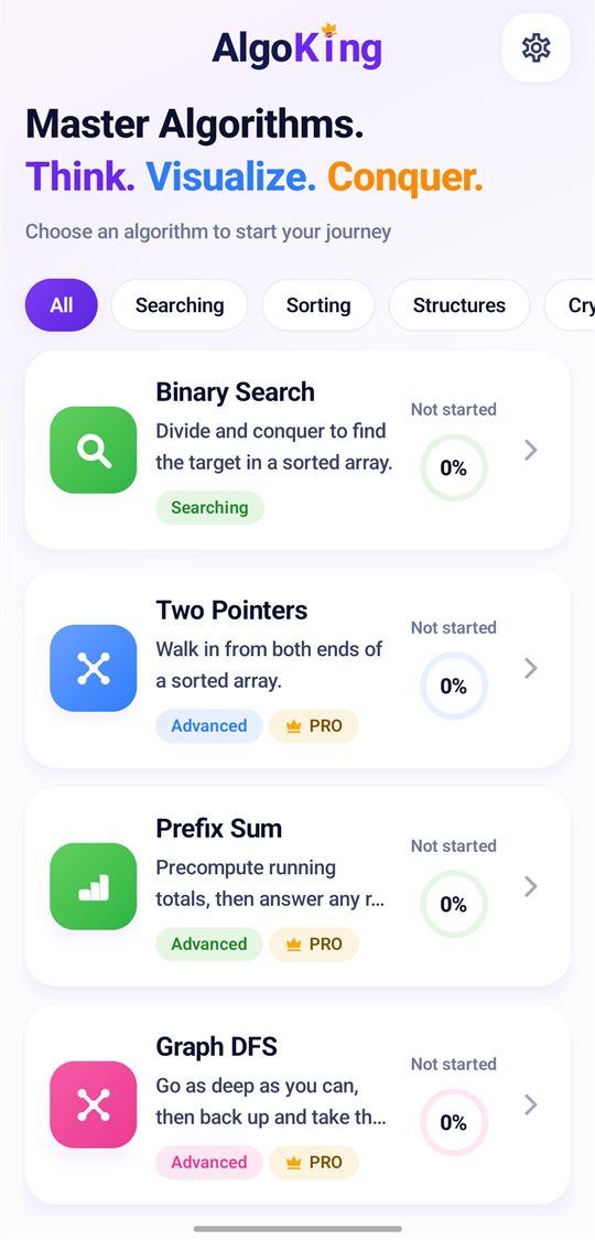 The AlgoKing home screen: a list of algorithm lessons with progress rings.
